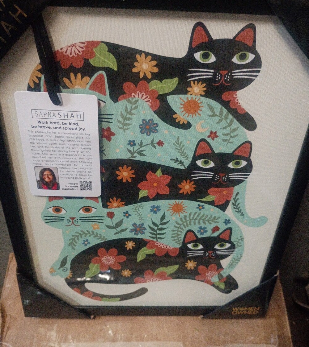 Sapna Shah Floral Stack Cats Art Print - Teal & Black
